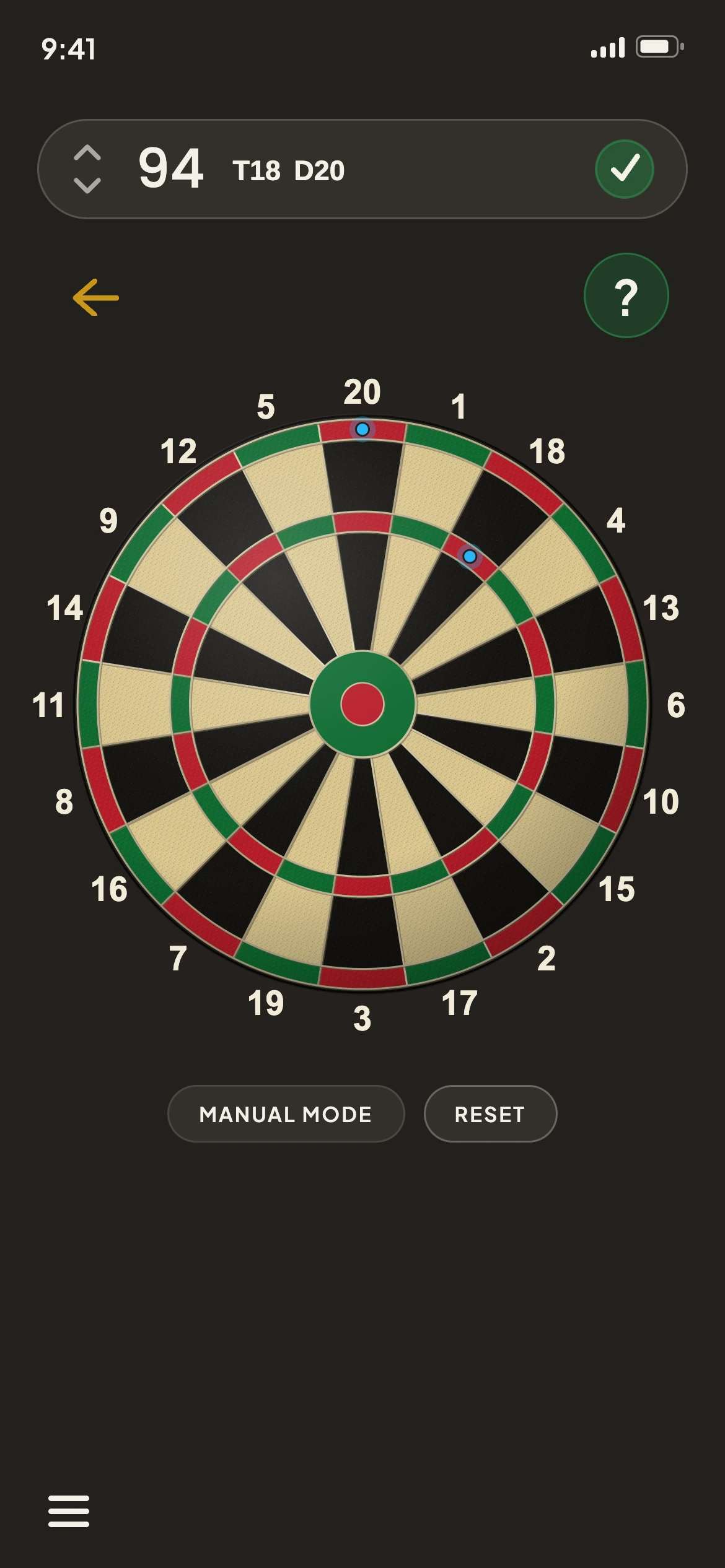 Darts Tapout on an Android phone: 94, T18 D20, checked out with a green tick