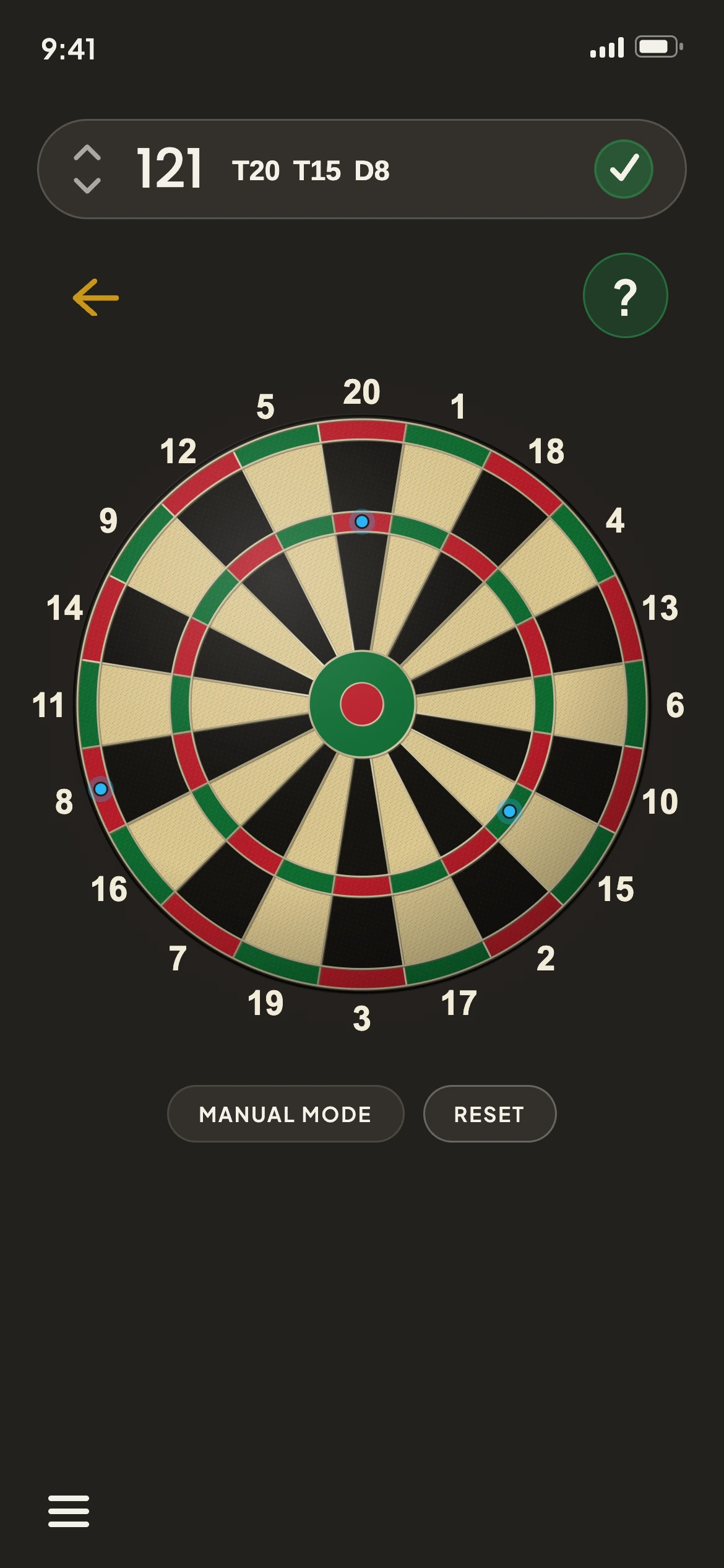 Darts Tapout on an iPhone: 121, T20 T15 D8, checked out with a green tick